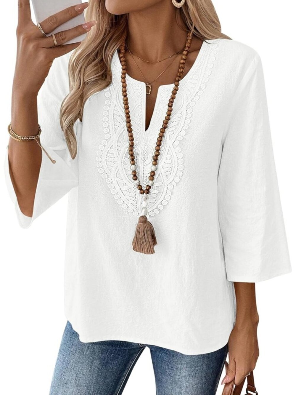 Women's White V Neck Pull On Loose Fit Blouses Sleeve Top Cotton Linen Shirt